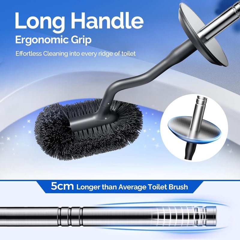 HAMITOR Toilet Brush and Holder Set: 304 Stainless Steel Rustproof Toilet Scrubber with Under Rim Deep Cleaning Curved Bristle - Bathroom Cleaner Brush for Renters Homeowners Family Silver 2 Pack - Image 5